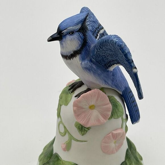AVON Bisque Porcelain Bird Morning Glory Flower Bell 2001 Collectible Blue Jay - Picture 15 of 16